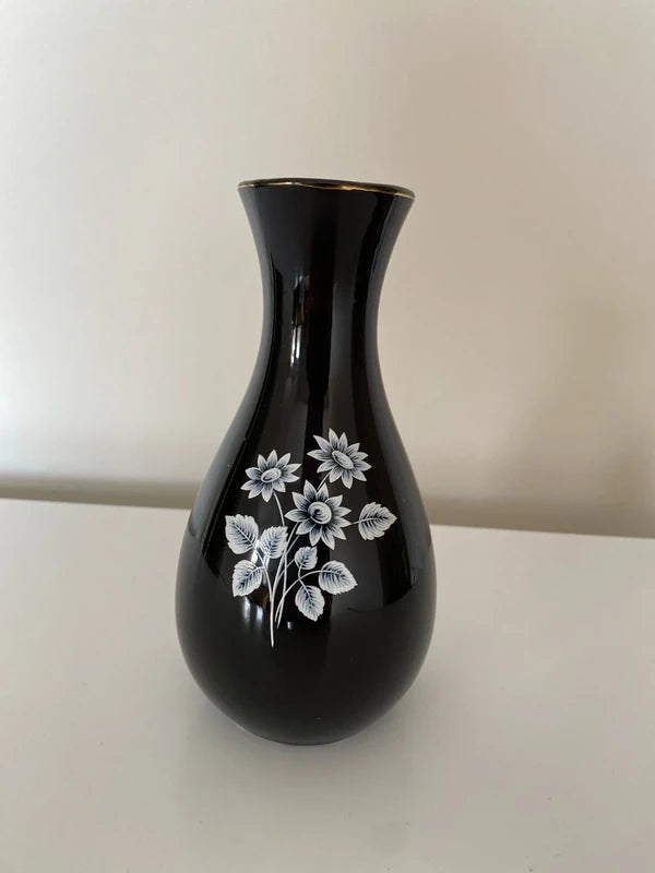Wade Vase Black White Flowers Vintage England