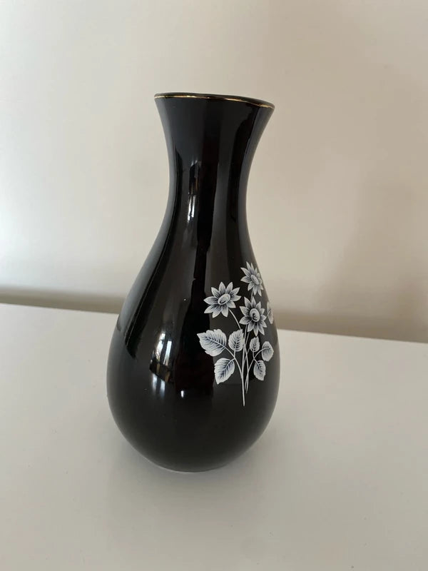 Wade Vase Black White Flowers Vintage England