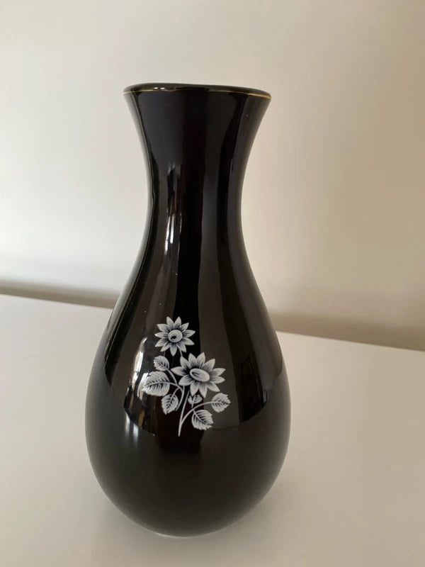 Wade Vase Black White Flowers Vintage England