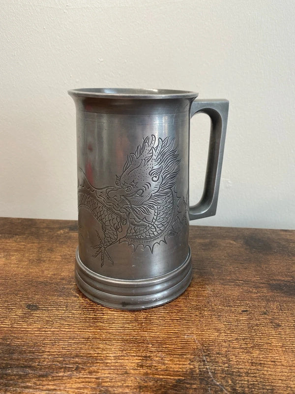 Vintage pewter tankard etched with Chinese dragon - glass base collectible