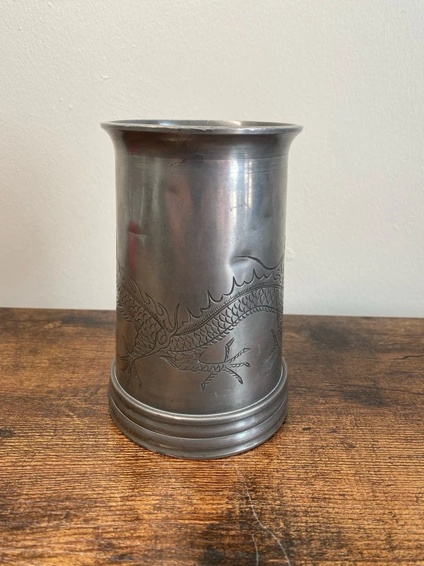 Vintage pewter tankard etched with Chinese dragon - glass base collectible