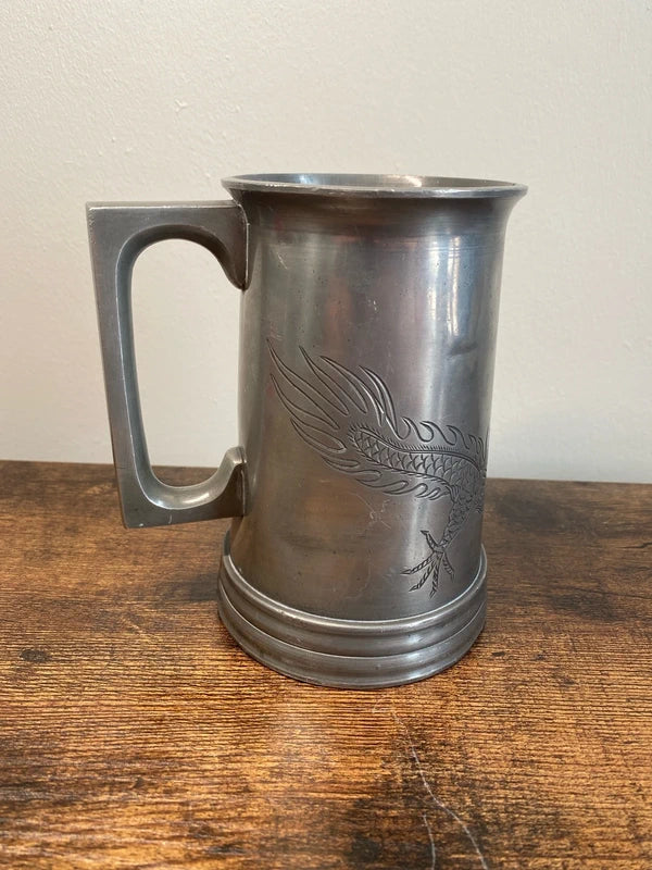 Vintage pewter tankard etched with Chinese dragon - glass base collectible