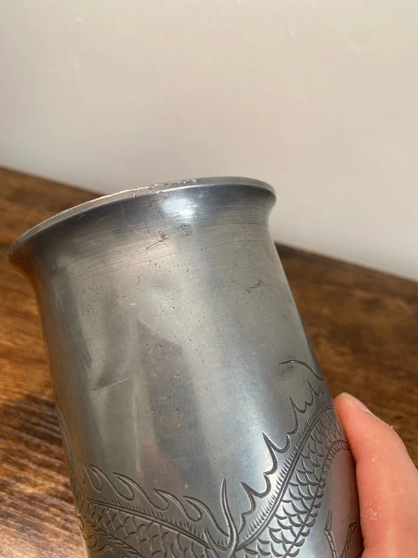 Vintage pewter tankard etched with Chinese dragon - glass base collectible