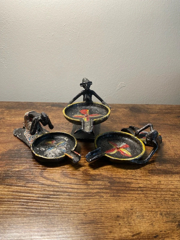 x3 vintage old African tribal metal hand painted art sculptures figurines rare
