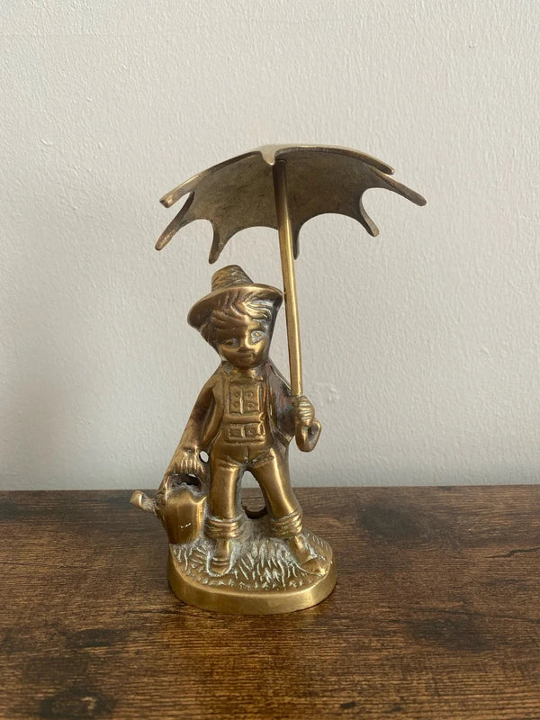 Vintage Brass Figurine Young Farm Boy Holding an Umbrella