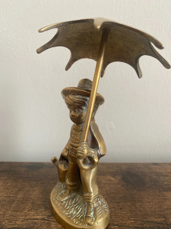 Vintage Brass Figurine Young Farm Boy Holding an Umbrella
