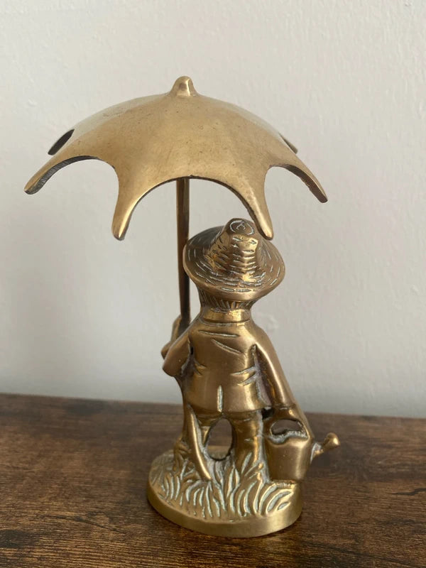 Vintage Brass Figurine Young Farm Boy Holding an Umbrella