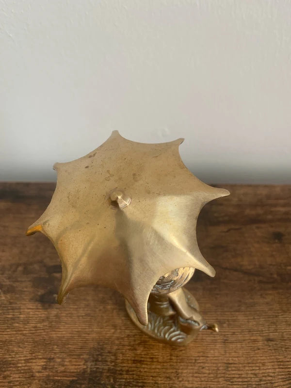 Vintage Brass Figurine Young Farm Boy Holding an Umbrella