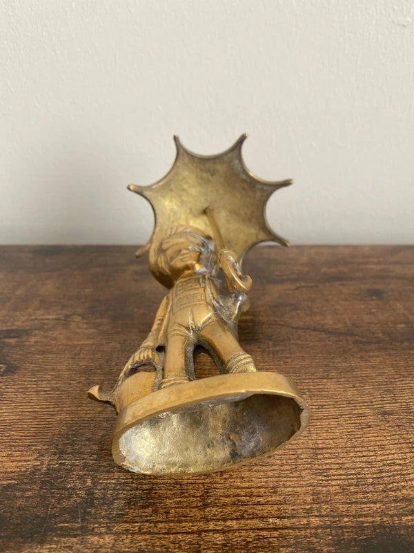 Vintage Brass Figurine Young Farm Boy Holding an Umbrella