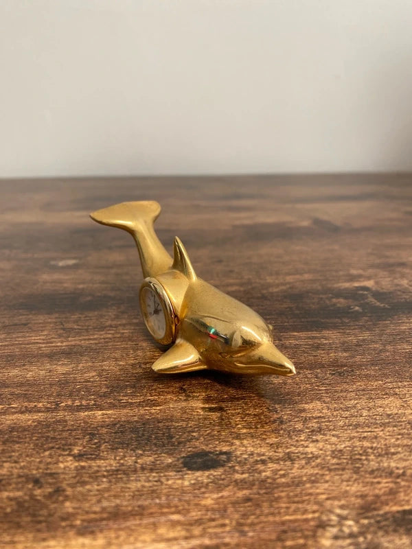 Miniature brass vintage Dolphin quartz clock collectible display piece