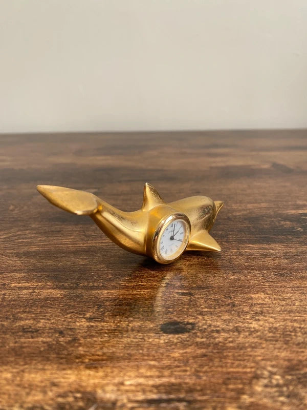 Miniature brass vintage Dolphin quartz clock collectible display piece