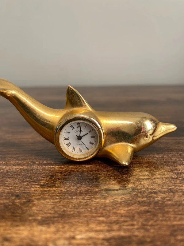 Miniature brass vintage Dolphin quartz clock collectible display piece