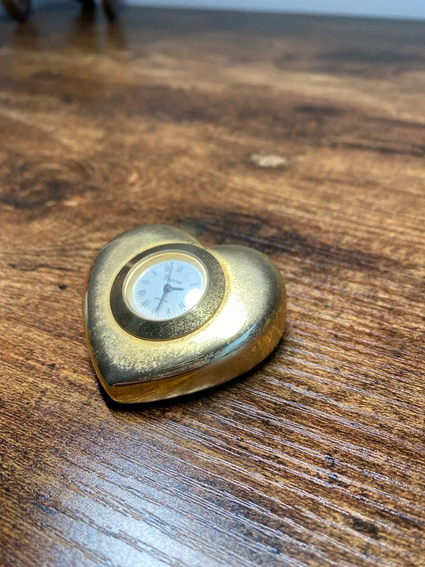 Vintage Heart shaped brass miniature quartz clock display