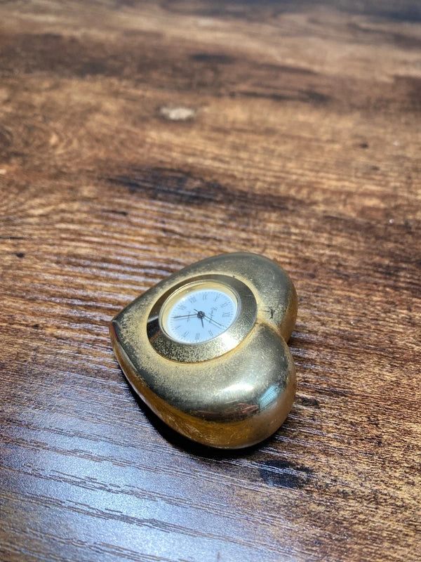 Vintage Heart shaped brass miniature quartz clock display