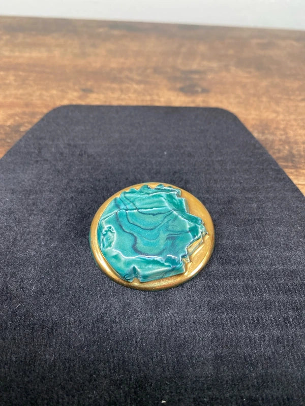 Vintage Ceramic Pin Painted Malachite & Gold Green colours
