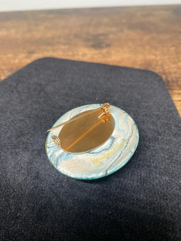 Vintage Ceramic Pin Painted Malachite & Gold Green colours