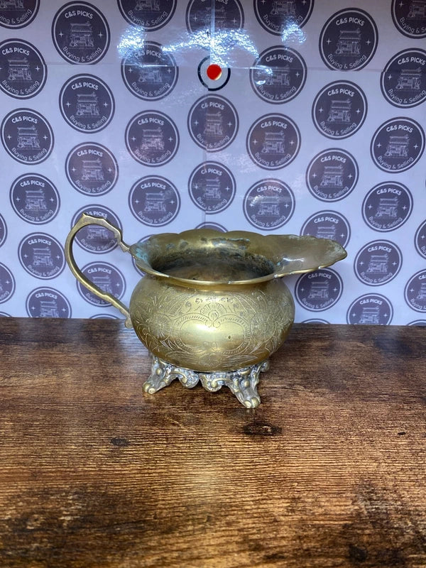 Vintage brass jug / planter etched cauldron collectible home decor