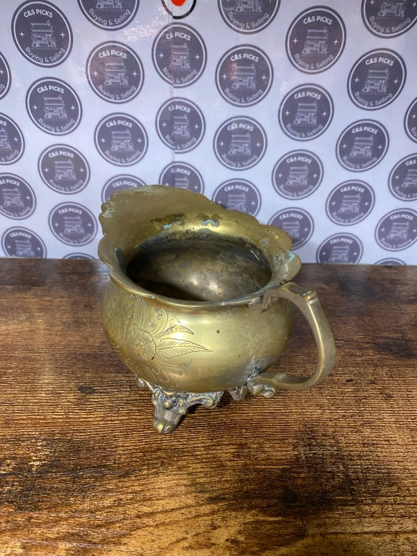 Vintage brass jug / planter etched cauldron collectible home decor