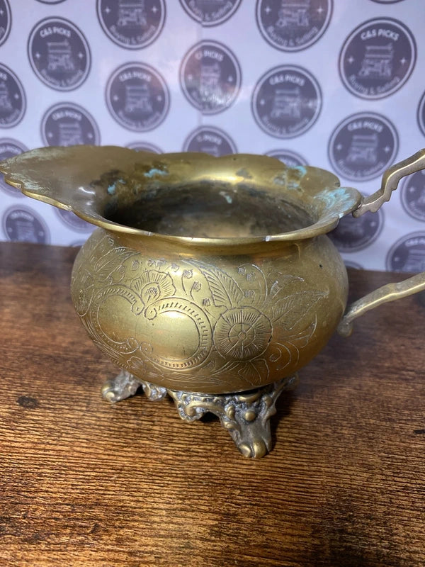 Vintage brass jug / planter etched cauldron collectible home decor