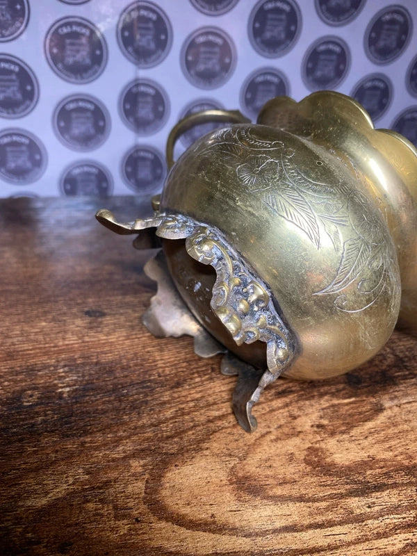 Vintage brass jug / planter etched cauldron collectible home decor