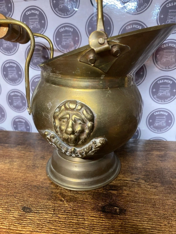 Vintage Lion Brass Small Coal Scuttle Planter Pot With Wooden Handle