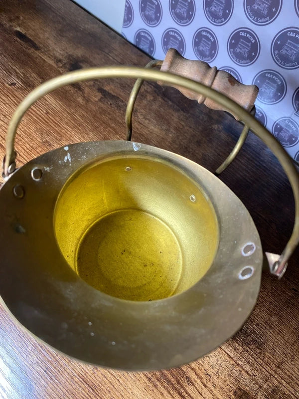 Vintage Lion Brass Small Coal Scuttle Planter Pot With Wooden Handle