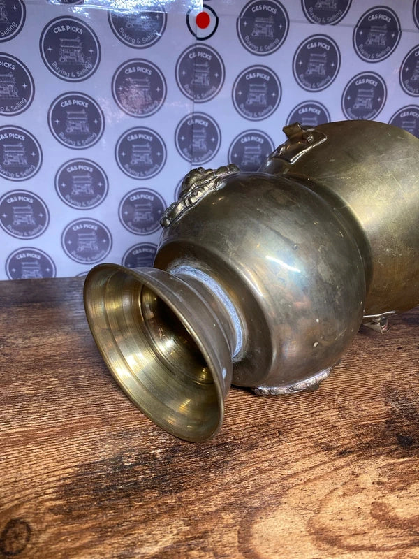 Vintage Lion Brass Small Coal Scuttle Planter Pot With Wooden Handle