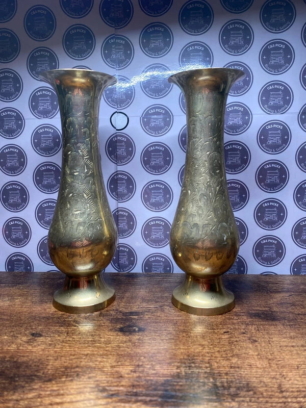 Set of vintage brass vases etched decorative antique decor