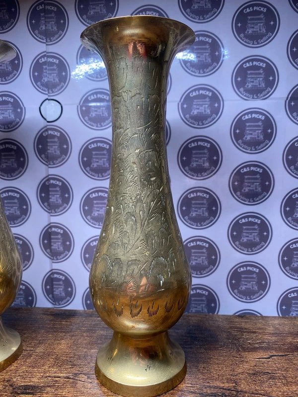 Set of vintage brass vases etched decorative antique decor