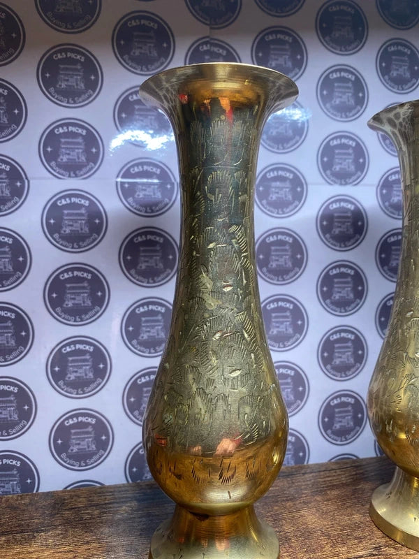 Set of vintage brass vases etched decorative antique decor
