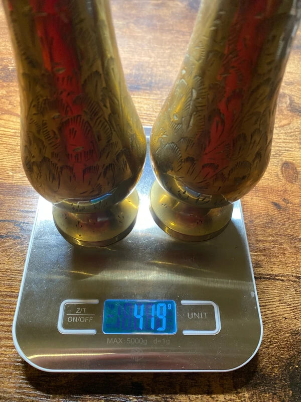 Set of vintage brass vases etched decorative antique decor