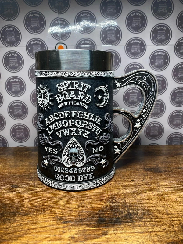 Spirit Board Ouija Style Tankard Mug Gothic Skull Sun Moon Occult Barware Collectible