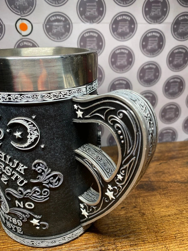 Spirit Board Ouija Style Tankard Mug Gothic Skull Sun Moon Occult Barware Collectible