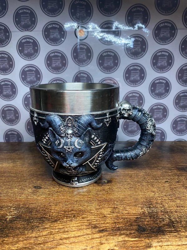 Gothic Occult Black Cat Cup Tankard Skull Horned Cat Witchy Fantasy Mug 11cm