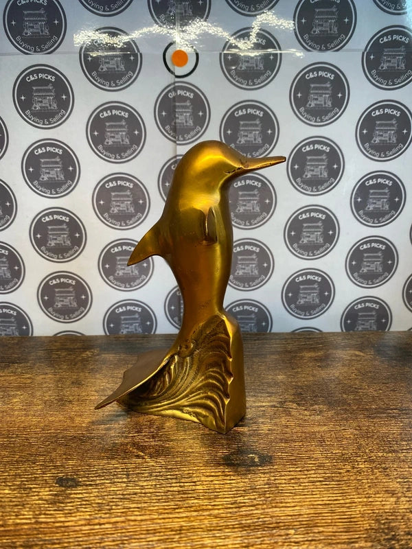 Brass jumping dolphin under wave sculpture figurine fish ocean decor
