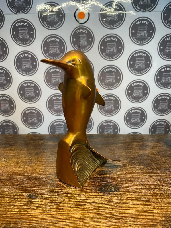 Brass jumping dolphin under wave sculpture figurine fish ocean decor