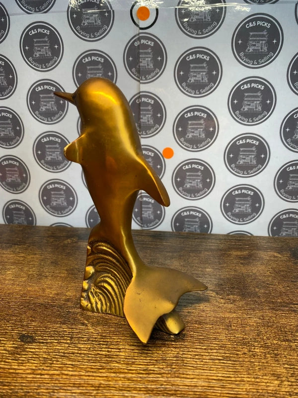 Brass jumping dolphin under wave sculpture figurine fish ocean decor