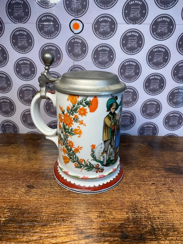 Vintage collectible Milk Glass Lidded Beer Stein Germany Floral Design