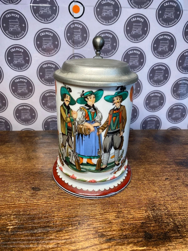 Vintage collectible Milk Glass Lidded Beer Stein Germany Floral Design