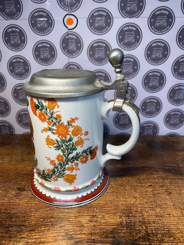 Vintage collectible Milk Glass Lidded Beer Stein Germany Floral Design