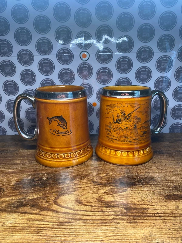 Vintage pair bundle Lord Nelson pottery tankard mug fishing hunting