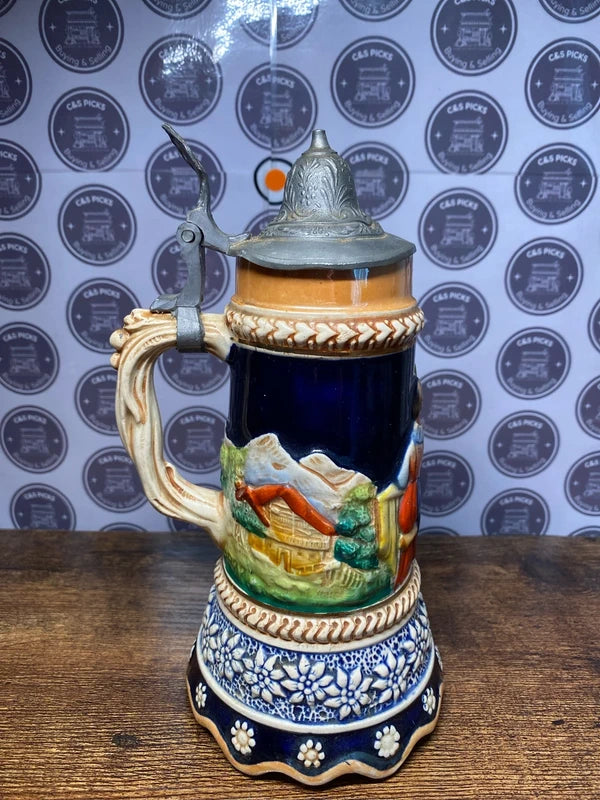 Vintage German musical Ceramic Beer Stein Music Box Pewter Lid
