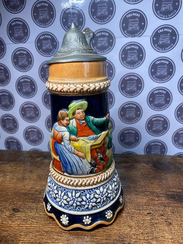 Vintage German musical Ceramic Beer Stein Music Box Pewter Lid
