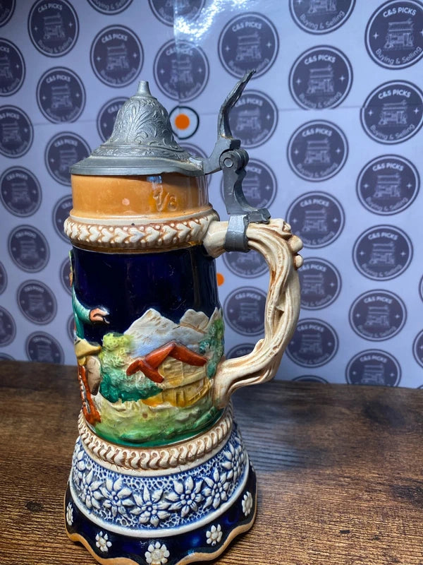 Vintage German musical Ceramic Beer Stein Music Box Pewter Lid