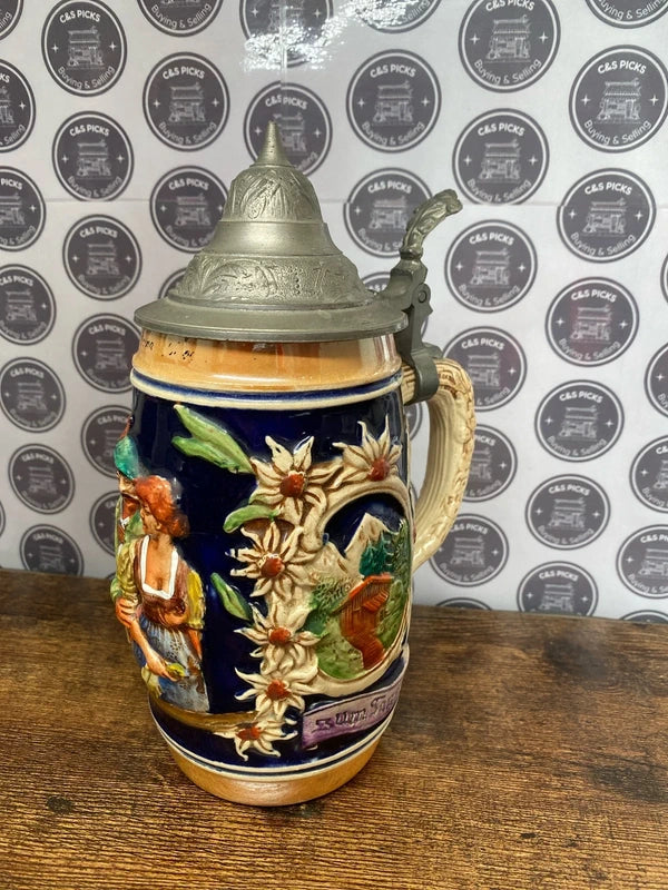 Vintage German Beer Stein Hand Painted Pewter Lid Decorative Item Oktoberfest