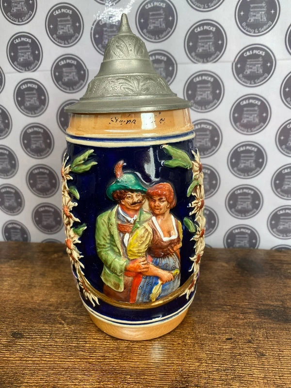 Vintage German Beer Stein Hand Painted Pewter Lid Decorative Item Oktoberfest
