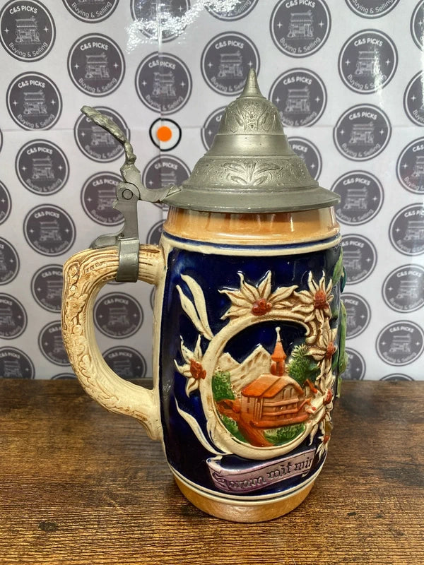 Vintage German Beer Stein Hand Painted Pewter Lid Decorative Item Oktoberfest