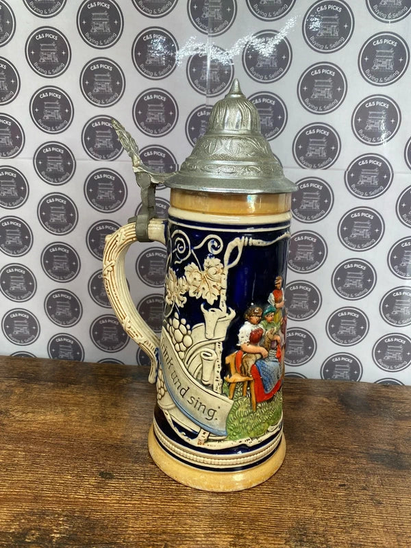 Vintage German Beer Stein Hand Painted Pewter Lid collectible antique