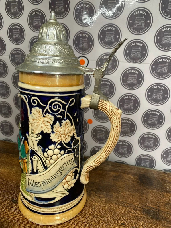 Vintage German Beer Stein Hand Painted Pewter Lid collectible antique