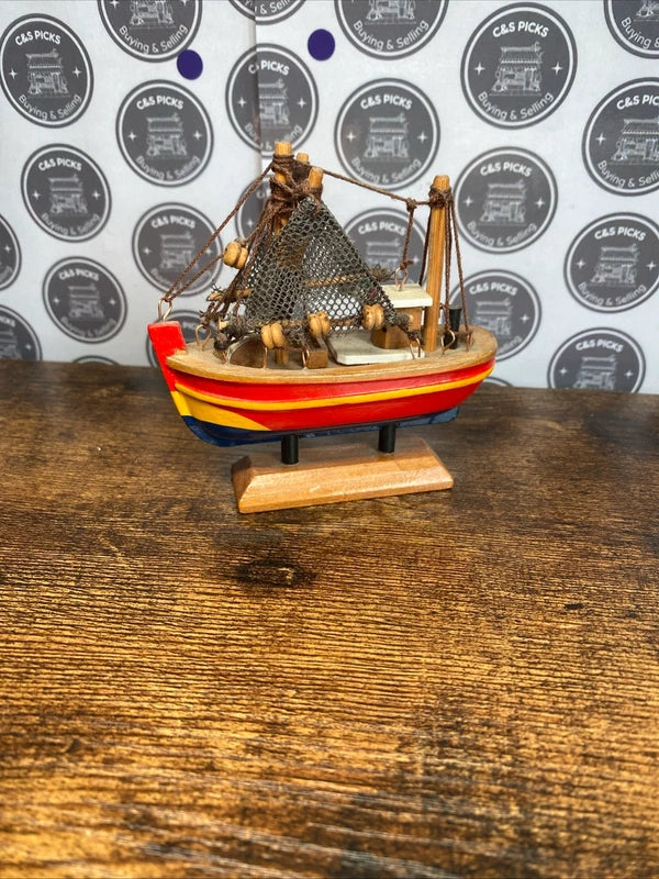 Miniature Vintage Wooden Ship Boat On Stand Ornament Display / Dolls House
